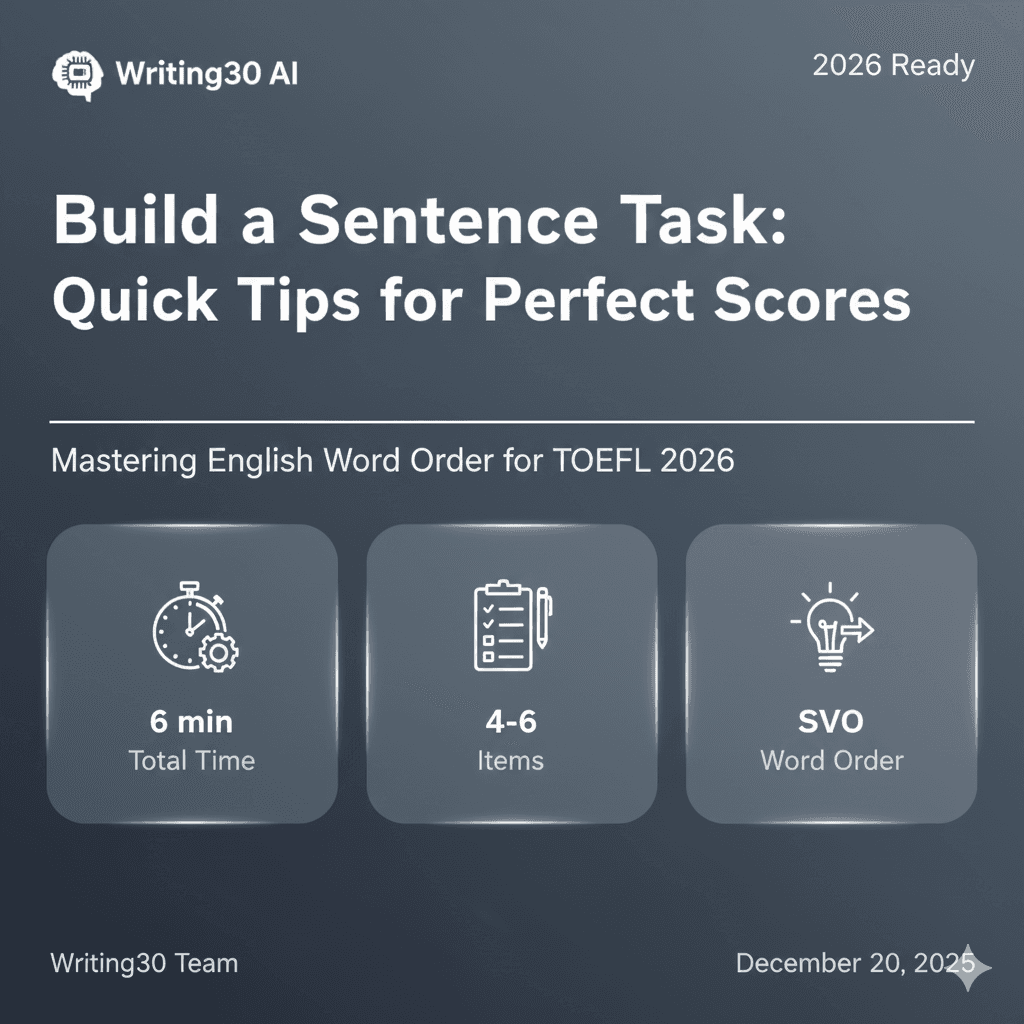 Build a Sentence Task Visual Summary: Key strategies for word arrangement, grammar patterns to master, and tips for achieving perfect scores