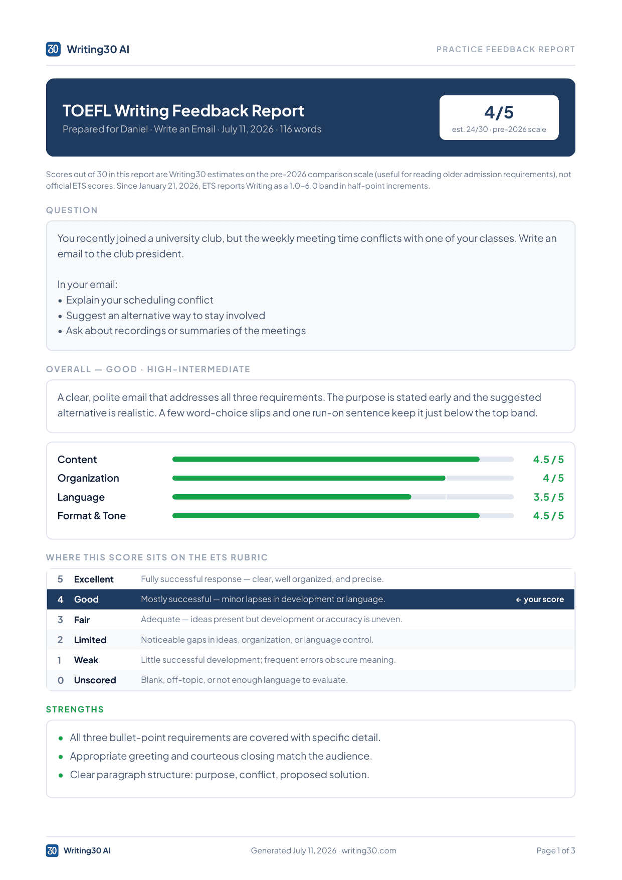 A real Writing30 AI feedback report: Write an Email scored 4/5 with dimension scores, strengths, and suggested fixes