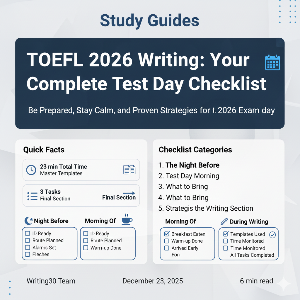 TOEFL 2026 Test Day Checklist Infographic: Quick Facts showing 23 min total time and 3 tasks. Checklist Categories covering 1) The Night Before, 2) Test Day Morning, 3) What to Bring, 4) What to Bring, 5) Strategize the Writing Section. Timeline showing Night Before (ID Ready, Route Planned, Alarms Set, Clothes), Morning Of (Breakfast Eaten, Warm-up Done, Arrived Early), and During Writing (Templates Used, Time Monitored, All Tasks Completed).