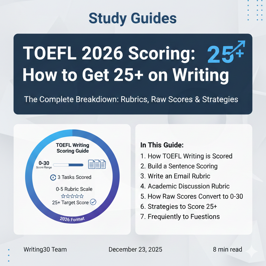 TOEFL 2026 Scoring Guide Infographic: Shows 0-30 score range, 3 tasks scored, 0-5 rubric scale, and 25+ target score. Includes guide outline covering how TOEFL writing is scored, Build a Sentence scoring, Write an Email rubric, Academic Discussion rubric, raw score conversion, strategies to score 25+, and FAQs.
